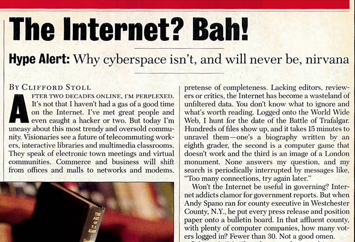 1995 magazine column by Clifford Stoll headlined "The Internet? Bah!", arguing cyberspace was overhyped