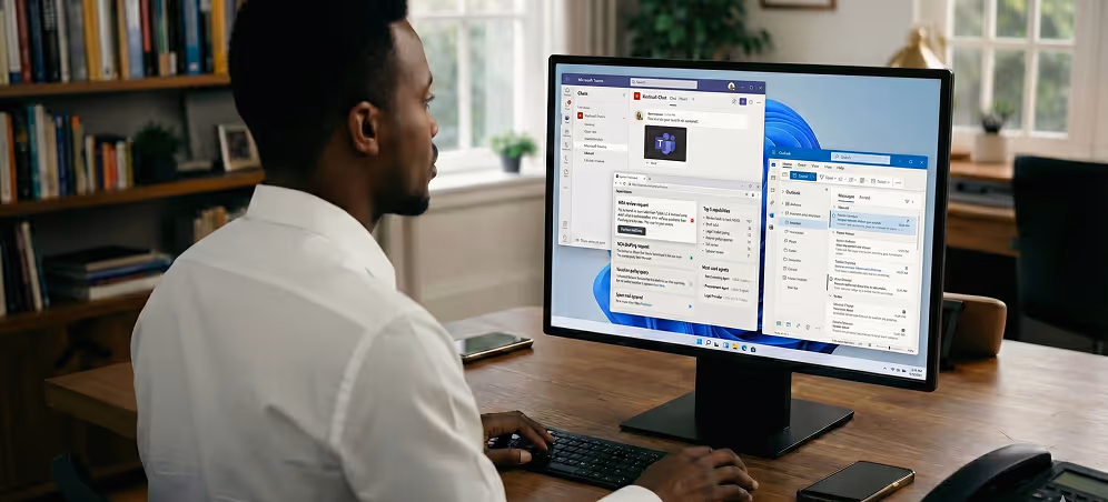 A man sitting at a desk looking at a computer screen.
