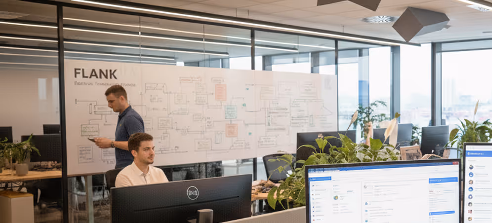 A couple of men working on computers in an office.